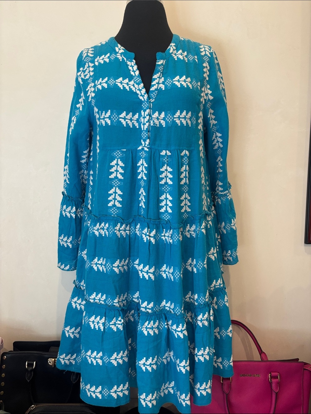 Turquoise White-Patterned Tiered Long-Sleeve Women's Dress